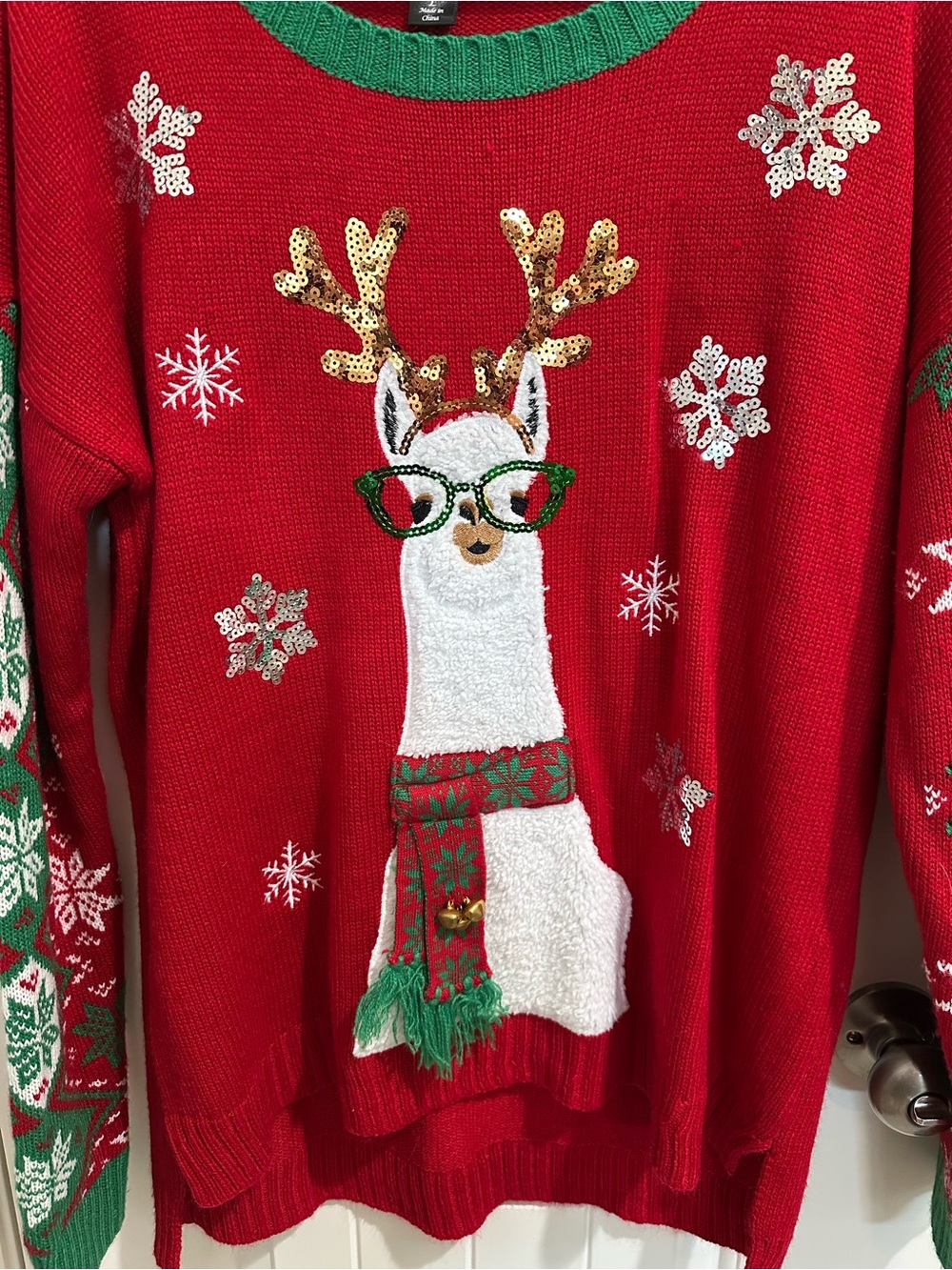 Women’s Red Holiday Llama Sweater with Green Accents